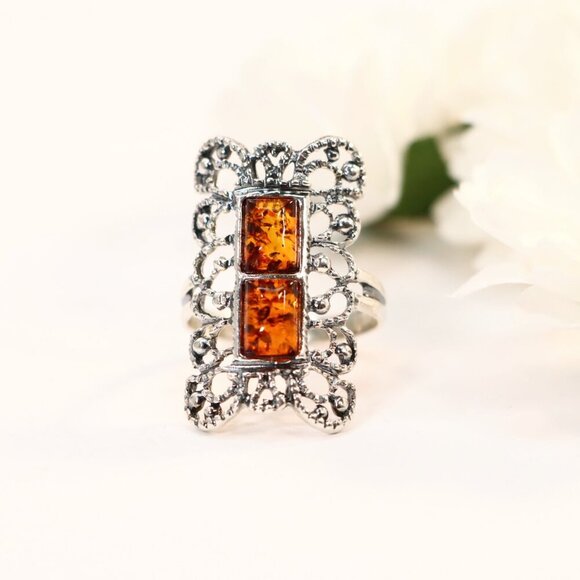 Baltic Amber Filigree Boho Ring in 925 Sterling Silver - Picture 2 of 5